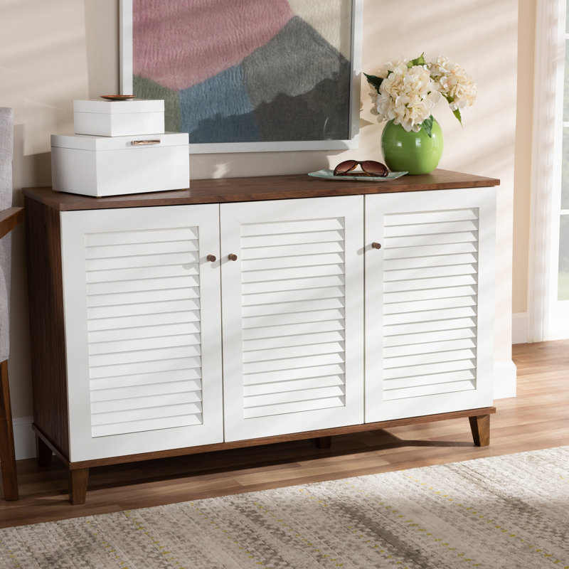 Coolidge 3-Door Shoe Cabinet in Two-Tone White and Walnut Finish, 44.75'' H X 28.5'' W X 12.25'' D, White