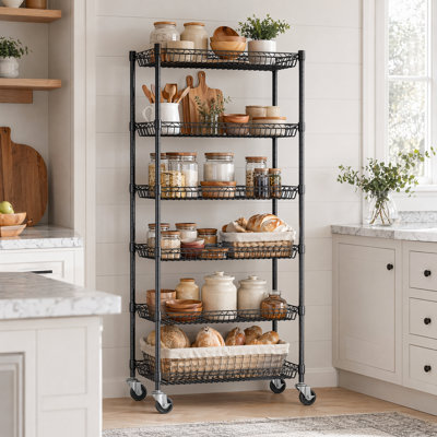 6-Tier Rolling Wire Basket Shelf, Adjustable Metal Storage Rack with Wheels for Pantry, Kitchen, Bathroom, Laundry Room and Closet