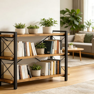 Industrial Bookcase Bookshelf, Freestanding Horizontal Bookshelves With Metal Frame