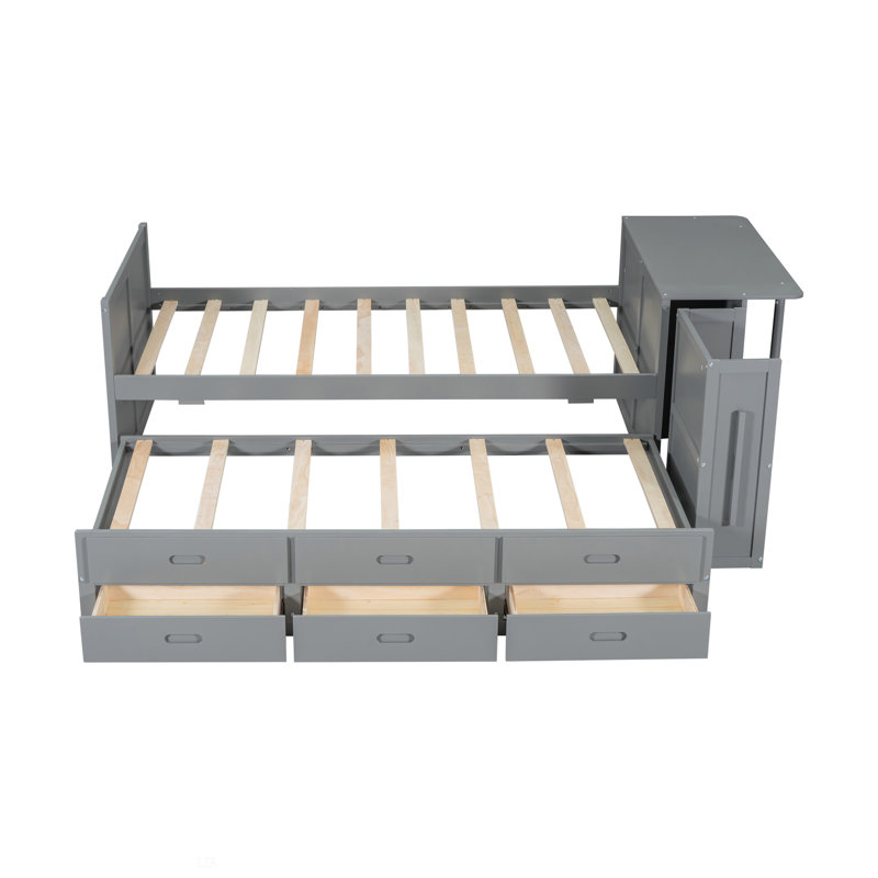 Lit plateforme simple en bois multifonctionnel avec bureau et tablette de rangement au bout du lit, lit gigogne intégré et 3 tiroirs, cadre de lit
