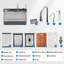 Évier de cuisine à cascade 30 po avec robinet à DEL intelligent, évier de poste de travail en acier inoxydable de calibre 16 avec robinet rétractable et rince-gobelets-123409892