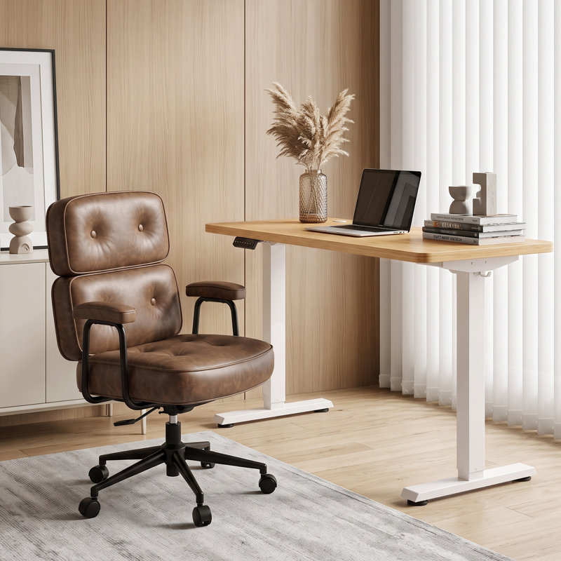 Bureau debout électrique à hauteur ajustable avec chaise de bureau en similicuir, Bamboo/White