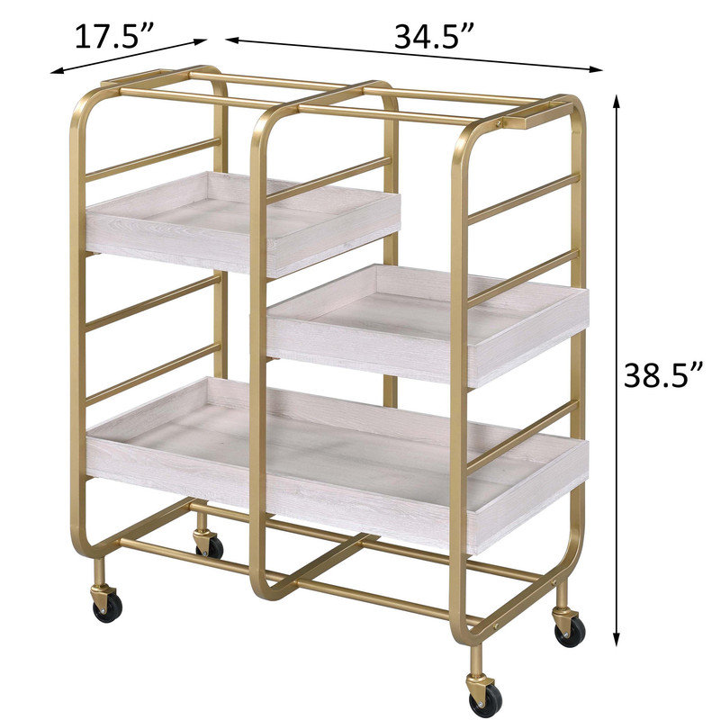 Washed Serving Cart with 4 Adjustable Trays, Gold, White