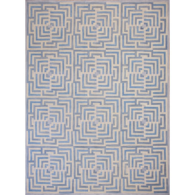 Tapis beige / bleu en laine noué à la main de conception unique 9 pi x 12 pi