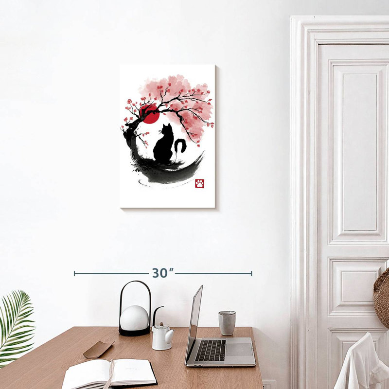 Brampt Sakura Cat Sumi-E, 24" H x 16" W