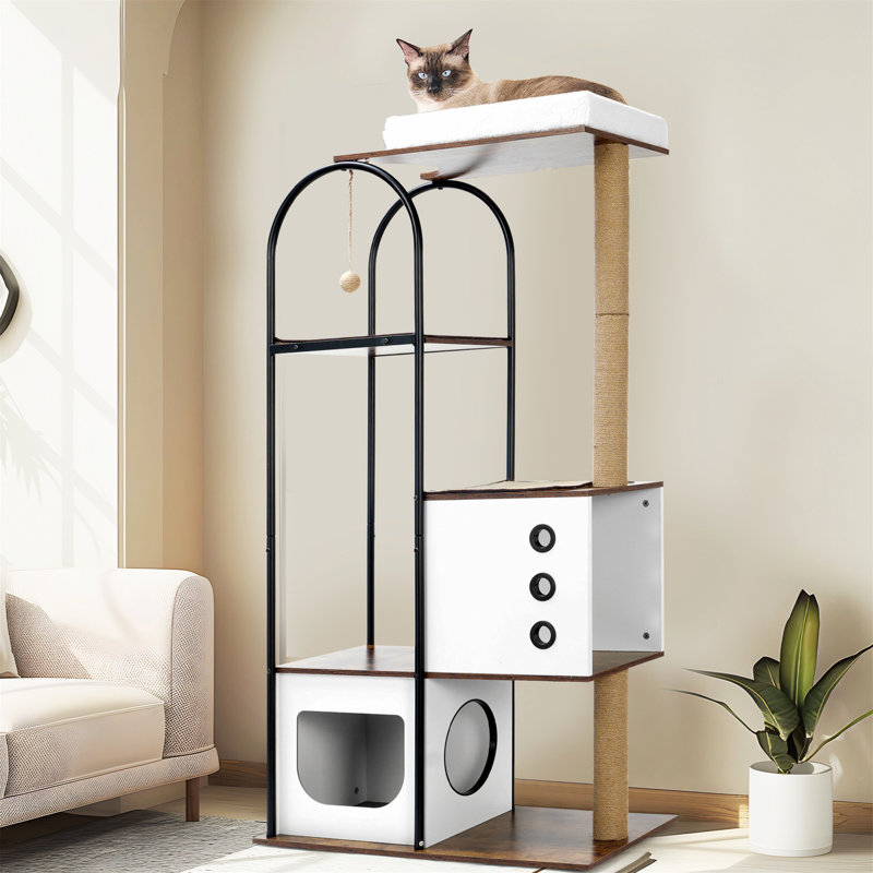 Modern Multi-Level Black and White Cat Tree with Scratching Posts
