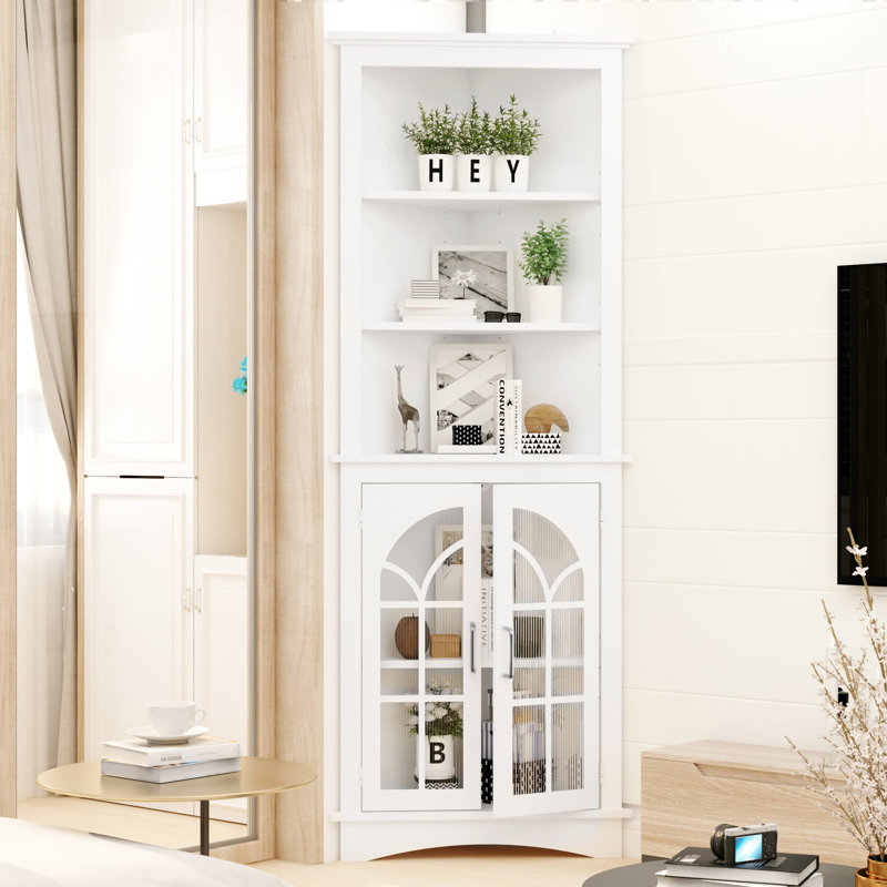 Armoire de rangement d'angle, bibliothèque autoportante de 63,3 po de hauteur avec portes et tablettes réglables, vitrine d'angle à 5 niveaux pour le salon, le bureau et la salle à manger