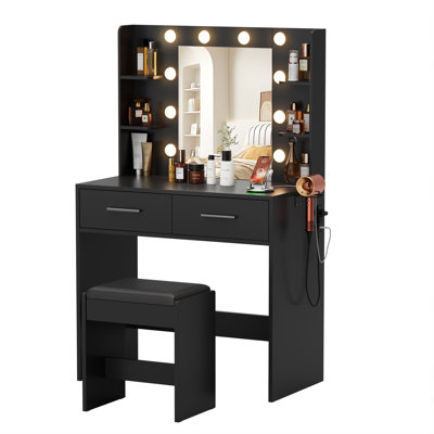 Makeup Vanity Set with Lighted Mirror & Vanity Stool, Makeup Vanity with 2 Drawers, Vanity Desk for Bedroom & Dressing Room