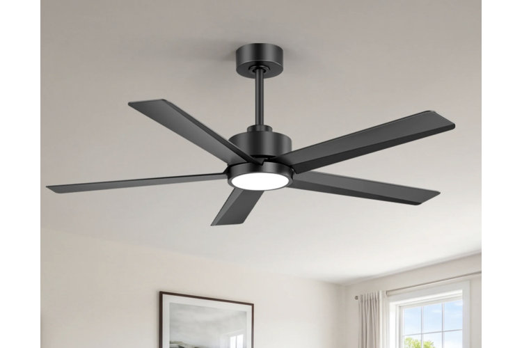 matte black ceiling fan with five blades mounted on a flat ceiling.