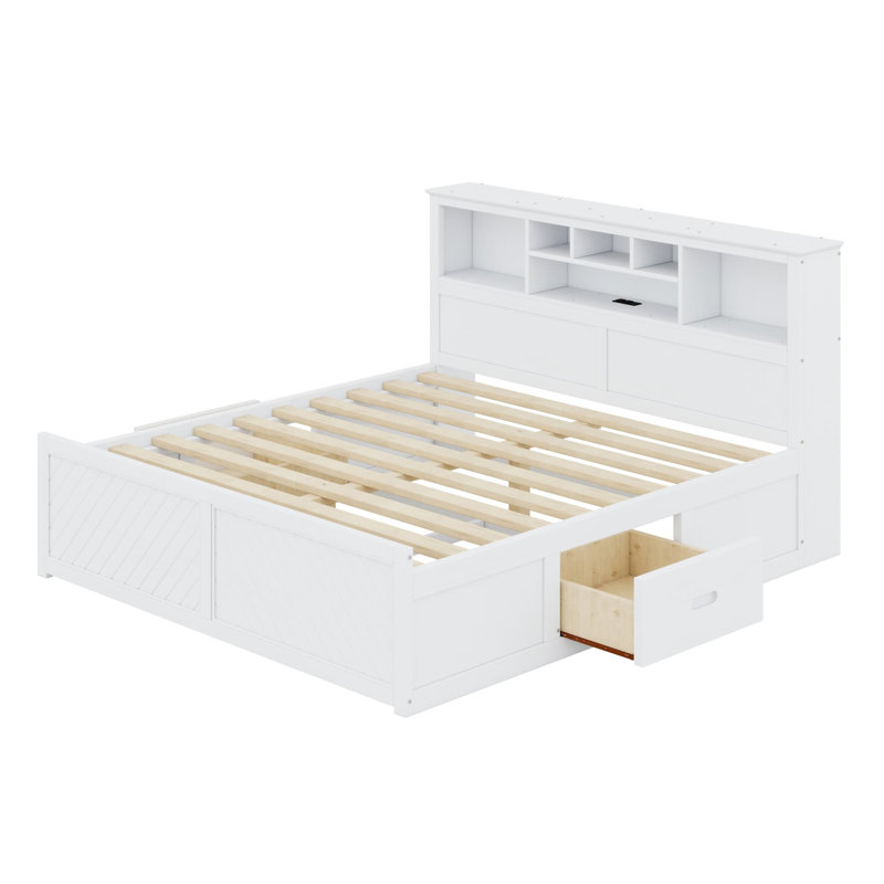 Lit plateforme avec tête de lit multi-rangement, USB et tiroirs, Blanc