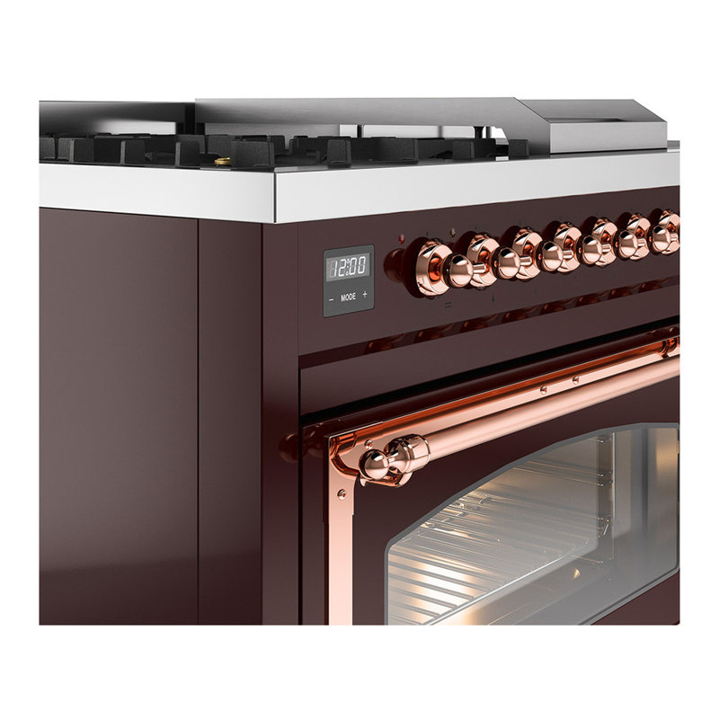 ILVE Nostalgie II Noblesse 48 inch Dual Fuel Range (5 Sealed Burners + Griddle + French Top, Triple Glass Door), Burgundy