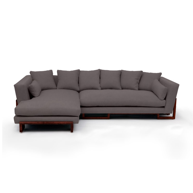 LRG Upholstered L-Shaped Sectional Left Hand Facing, Smoke Linen Blend, Right and Back Side Trays, Solid Walnut