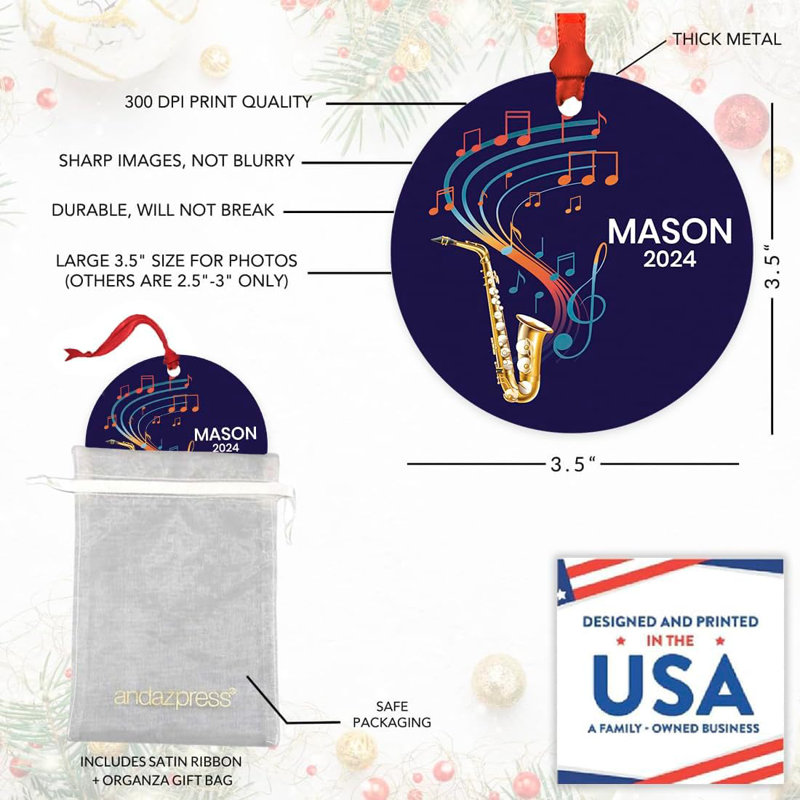 Décoration de Noël personnalisée ornement saxophone en métal notes orange et bleu, Oui