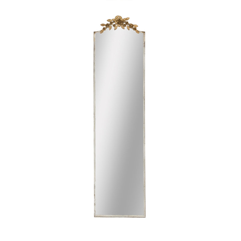 18.1X1.6X70.9" Large Rectangular Full-Length Mirror With Distressed Ivory Frame And Gold Floral Crown