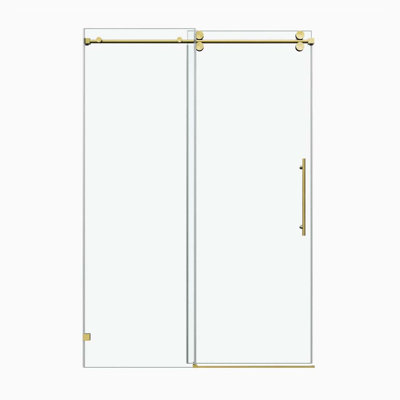 Porte de douche coulissante à panneau simple sans cadre de 62 à 66 po x H 72 po avec cadre en acier inoxydable doré brossé et verre trempé de 3/8 po