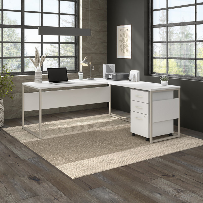 Hybrid L-Shaped Computer Desk Office Set in White - Reversible, White