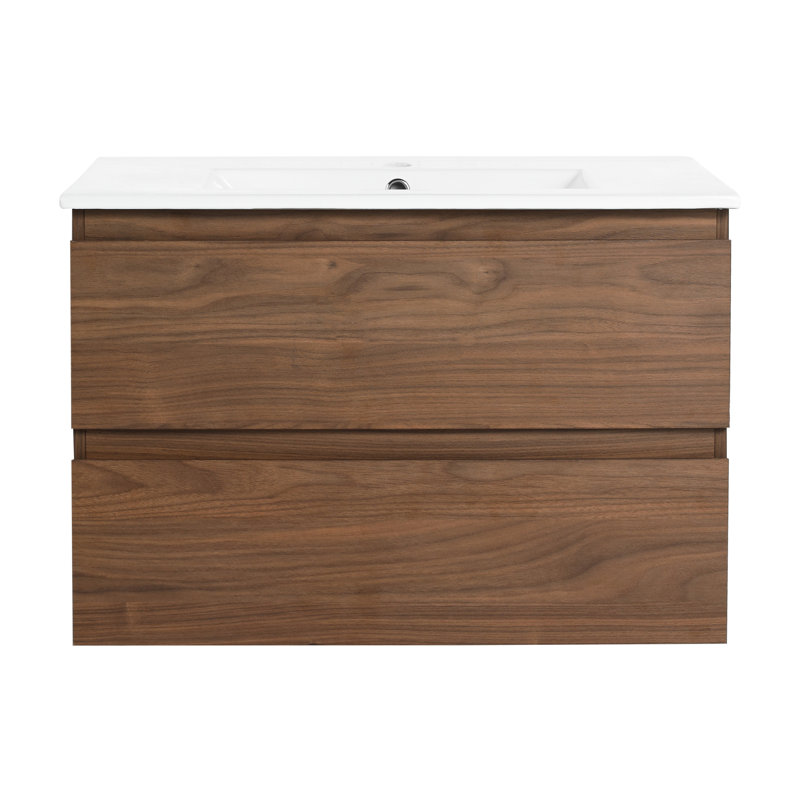 Meuble-lavabo 30 po avec lavabo en céramique - 2 tiroirs à fermeture en douceur, pièce murale, gracieux, Noyer