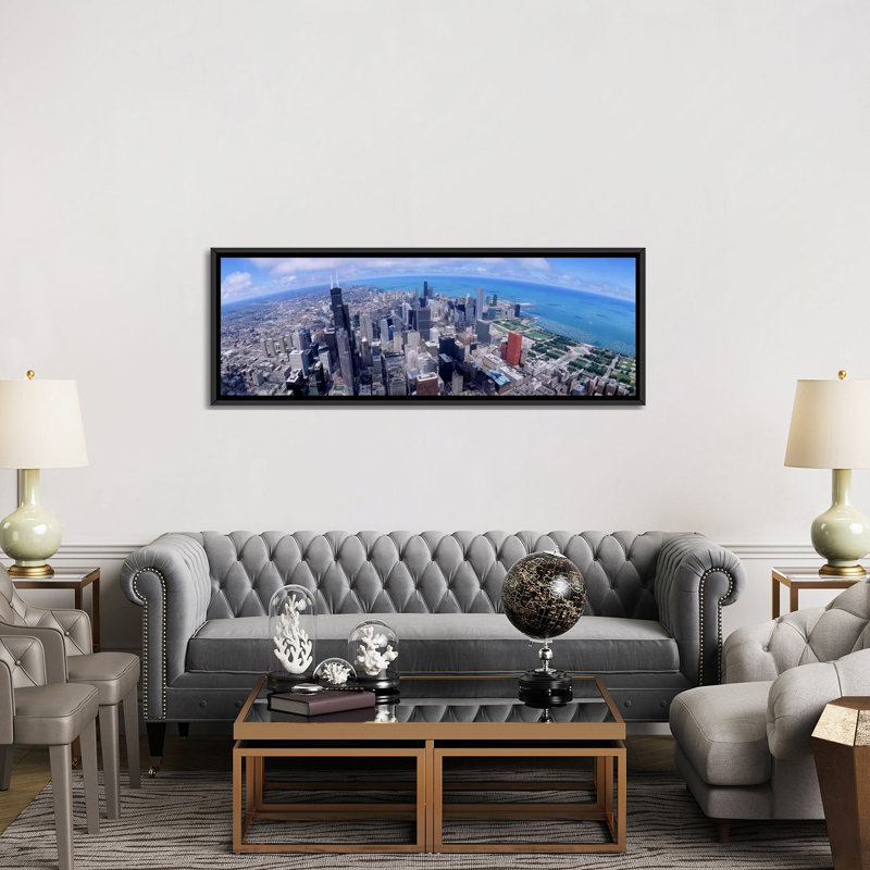 "Vue panoramique d'une ville, Chicago, Illinois", reproduction de photo sur toile, H 12 po x l 36 po x P 1,5 po, Cadre noir