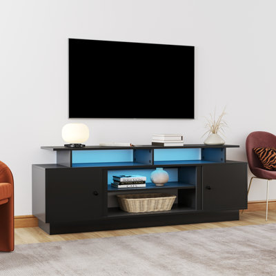 Modern 70"W TV Stand For TV Up to 80" With LED Light, Adjustable Shelves