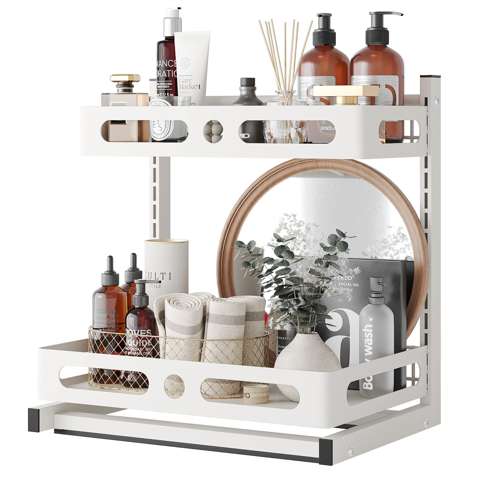 Under Sink Storage Rack, 2 Tier L-shaped Organizer Shelf, Sliding Drawer  Type Under Sink Organizer, Under Countertop Storage Shelves, Pull Out Cabinet  Organization And Storage With Cup And Hooks, Kitchen Accessories, Bathroom