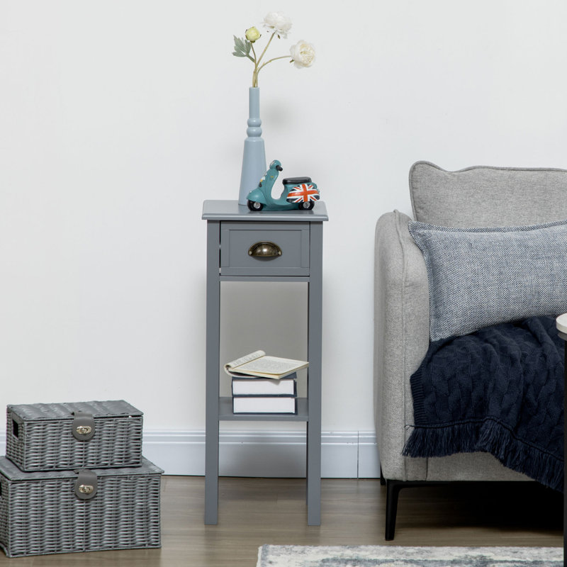 Gray Wooden Narrow End Table with Drawer and Shelf