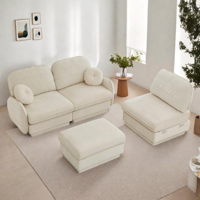 105'' Oversized Chenille L-Shaped Sofa with Movable Ottoman, Deep Seats and Round Pillows