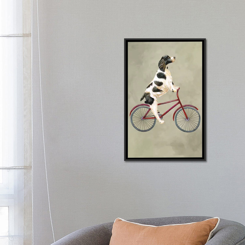 « english springer on bicycle », reproduction d’art sur toile, H 26 po x l 18 po x P 1,5 po, Toile avec cadre noir