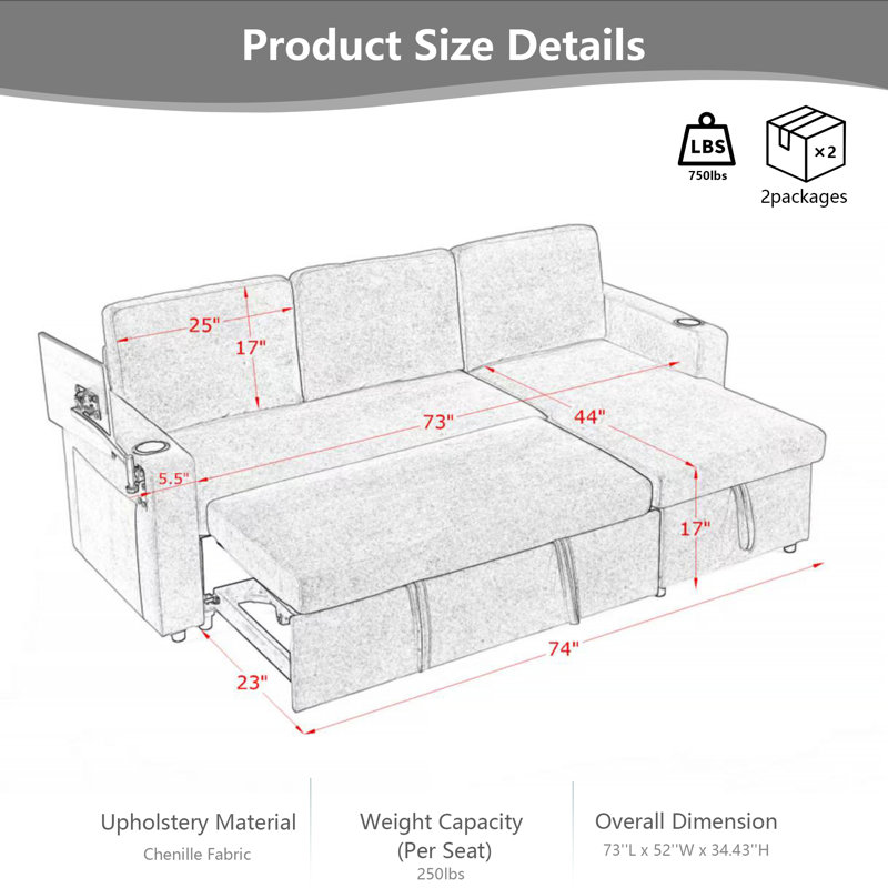 Modern Chenille L-Shape Sectional Sofa with Pull-Out Bed, Retractable Table & LED Lighting, 3-Seater Modular Sleeper Sofa with USB Charging Ports and Cup Holders