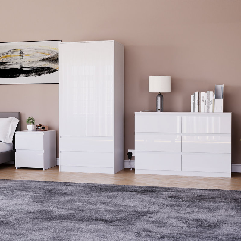 3 Piece Bedroom Set (2 Drawer Bedside Chest, 6 Drawer Chest, 2 Door 2 Drawer Wardrobe), (100% FSC), White