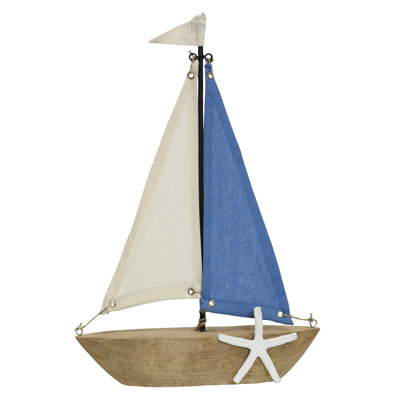 Nautical Sail Boat - 11"W x 3"D x 16"H - Blue, White & Natural