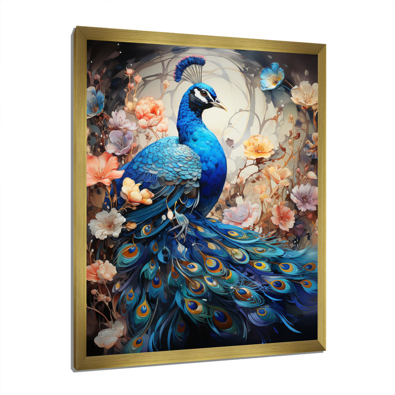 Woodsum Blue Coral Indian Art Dancing Peacock I - Art mural indien, Cadre doré simple, H 32 po x l 24 po x P 1 po