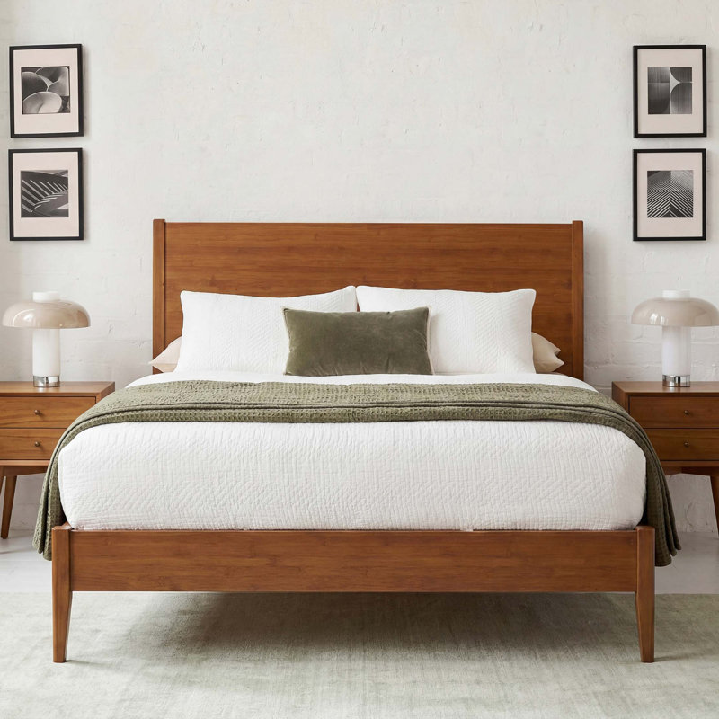 Lit plateforme en bambou massif sans sommier et facile à assembler, Walnut