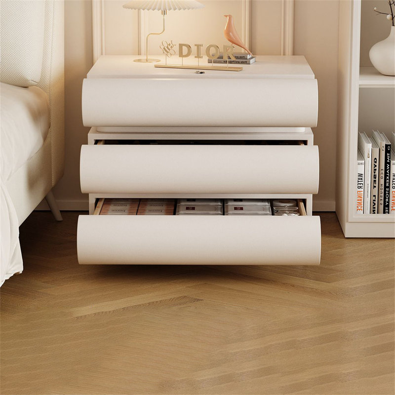 Modern Minimalist Cream Leather Bedside Table with Storage Drawers for Bedroom - Italian Style Design