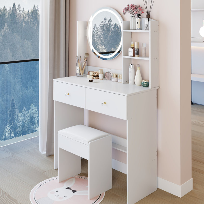 Table de coiffeuse, miroir rond à DEL de 17 po, éclairage réglable à 3 couleurs, tabouret doux, grand rangement multicouche, conception américaine, fabrication blanche, étagères confortables, petits salons, style,