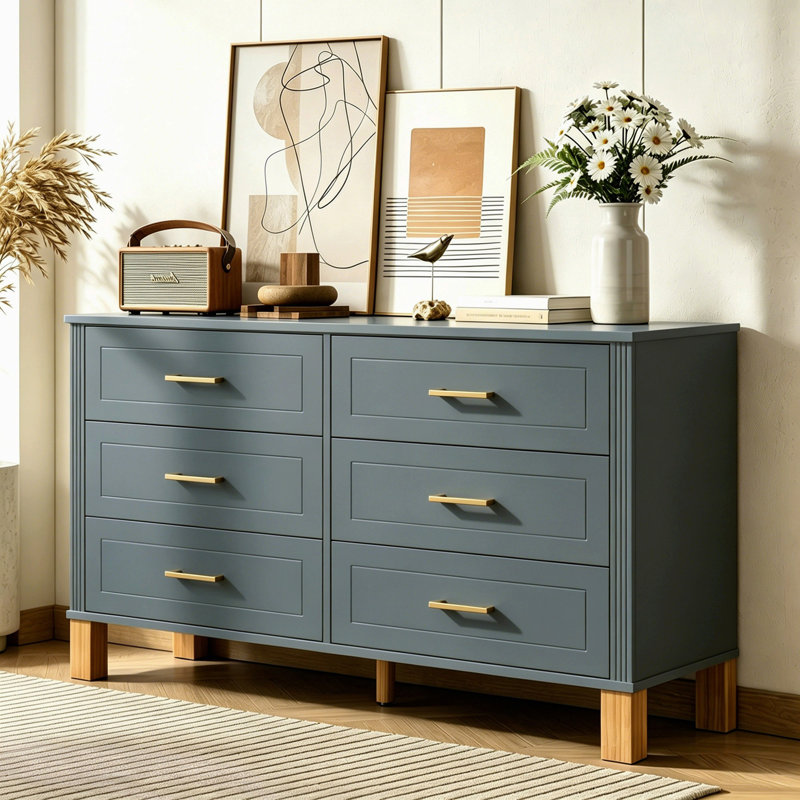 Commode double 6 tiroirs en bois robuste, Vert clair