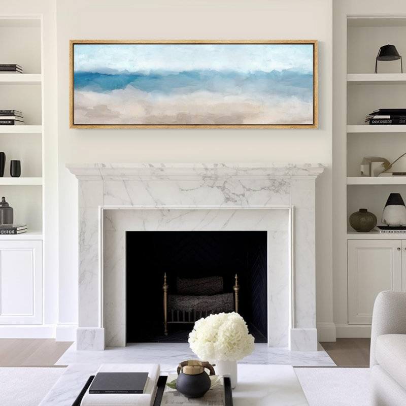 Coastal Beach, paysage abstrait apaisant bleu et beige, coups de pinceau, H 20 po x l 60 po, Naturel