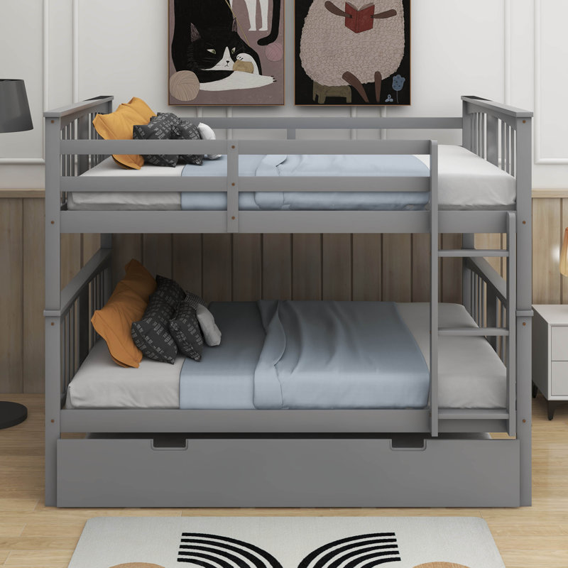 Full Over Full Bunk Bed With Trundle And Ladder, Gray