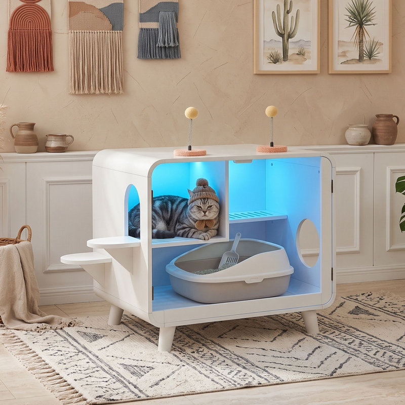 Enceinte cachée pour litière avec lumière changeante, portes en verre, escaliers et jouets, Blanc