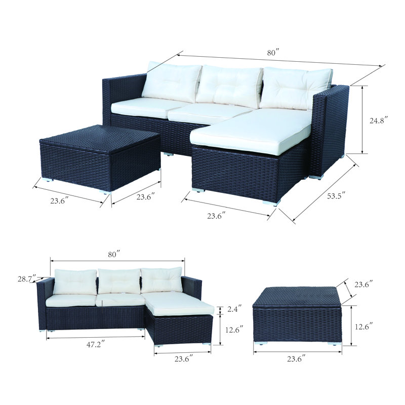 Ensemble de conversation modulaire en rotin avec coussins 3 pièces Furlong