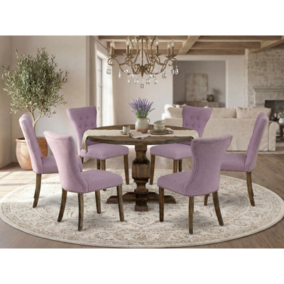 7 Piece Dining Table Set Consist of a Round Dining Room Table with Pedestal and 6 Dahlia Linen Fabric Upholstered Parson Chairs, Distressed Jacobean