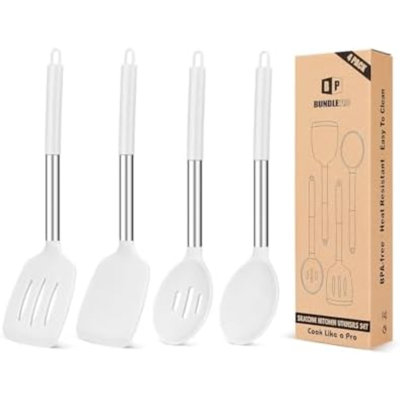 Pack of 4 Silicone Cooking Utensils Set, Non Stick Large Solid Spatulas, Heat Resistant Slotted Spoons, Ideal BPA Free Kitchen Turners for Frying, Mixing,Serving,Draining,Turning,Stirring (WHITE)