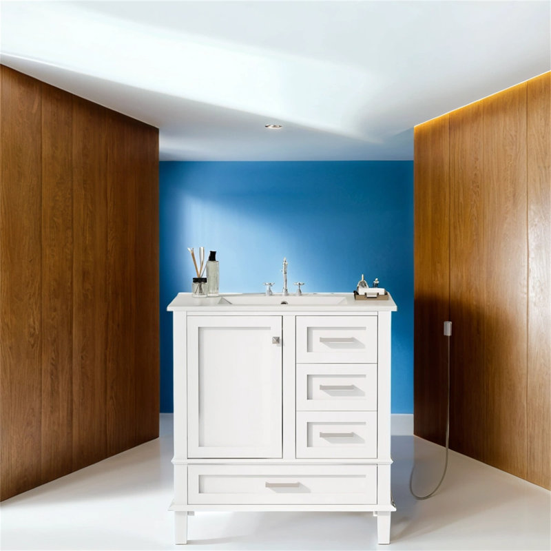 Ensemble de meuble-lavabo simple 30 po avec plateau en céramique Eleta, Blanc