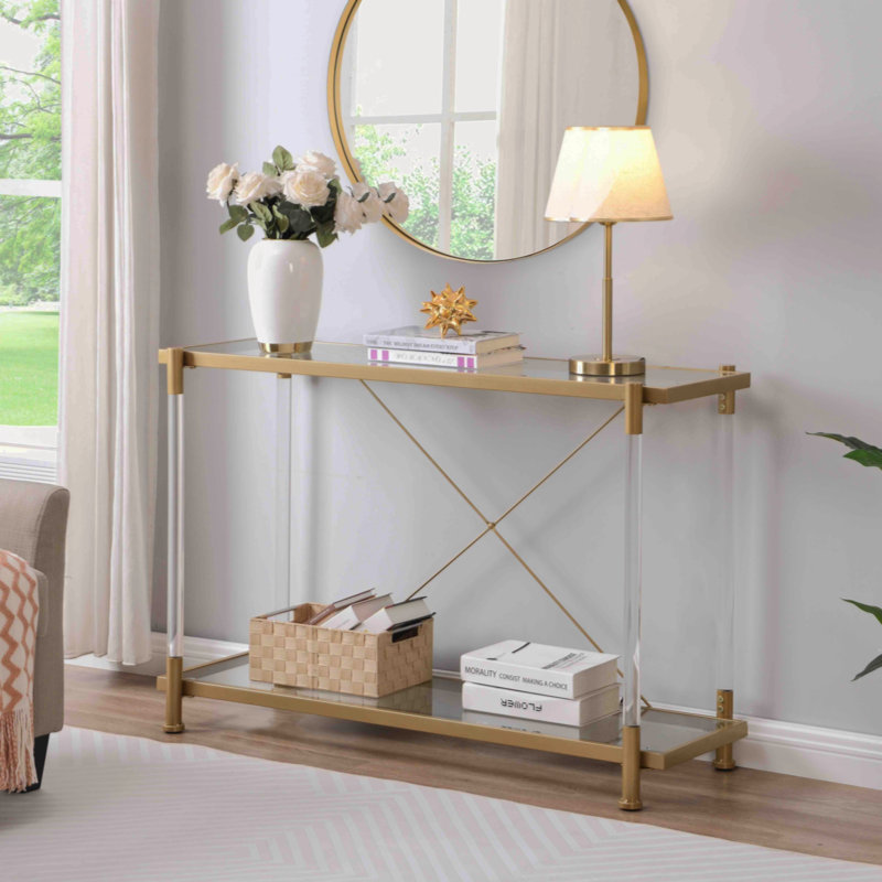 43'' Golden Glass and Metal Console Table with Storage