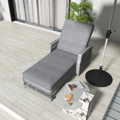 Outdoor Wicker Long Reclining Chaise With Armrests, Patio Adjustable Recliner With Soft Removable Cushions, All Weather Rattan Pool Lounge For Poolside & Garden, Gray
