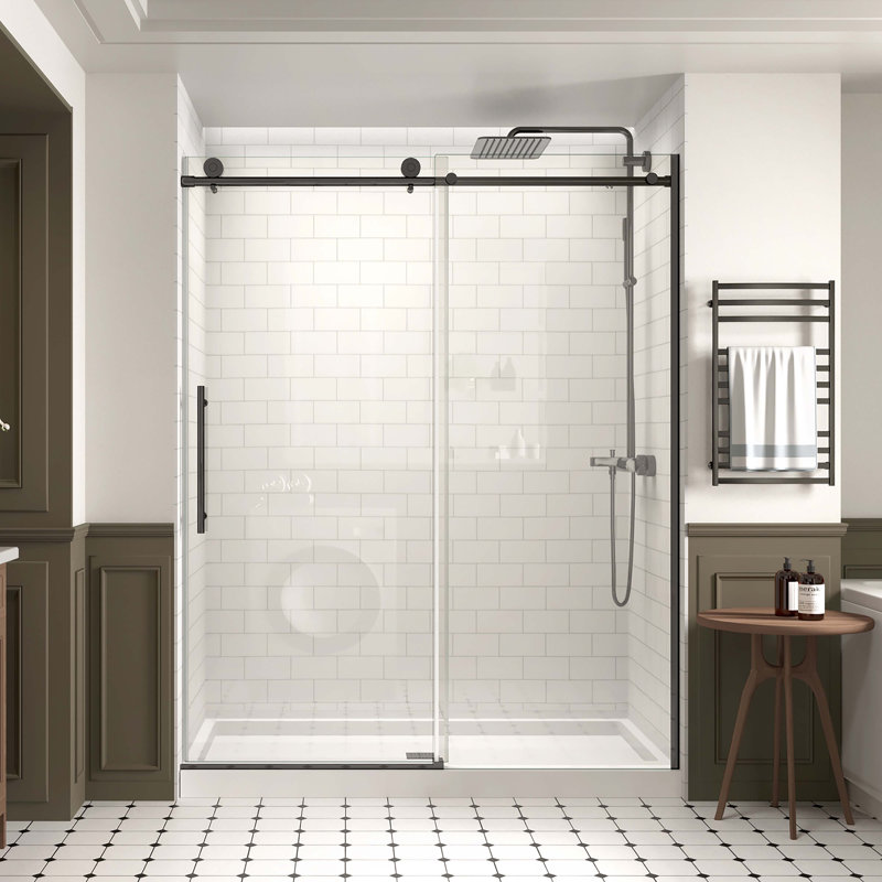 60 in. W X 74 in. H Soft Close Single Sliding Frameless Shower Door with 5/16 in. (8mm) Clear Tempered Glass, Black