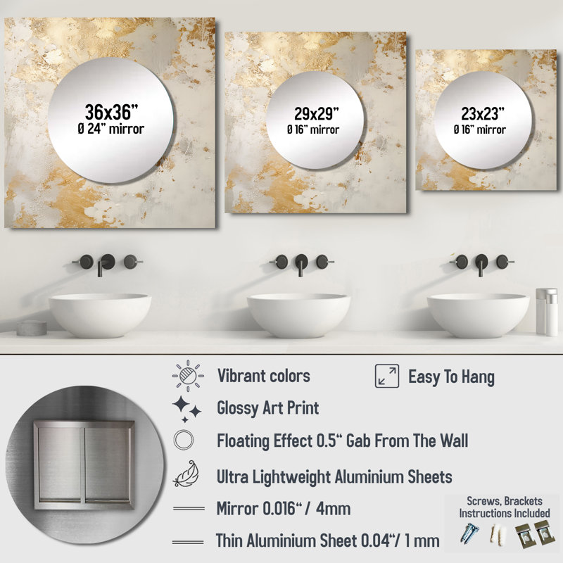 Genaya - Grand miroir mural carré abstrait fantaisie beige et doré Fizzs pour chambre à coucher, 36 po x 36 po