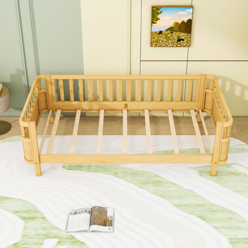 Wood Platform Bed with Safety Rails, Natural, Twin