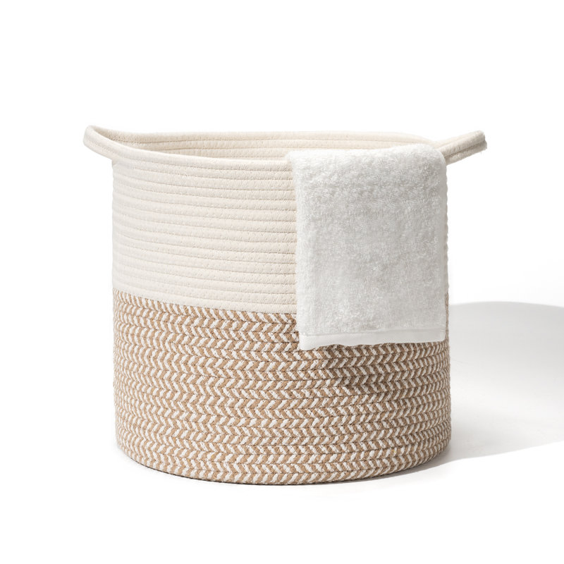 Fabric Laundry Basket with Handles, White/Brown, Small (13" H x 14" W x 14" D)