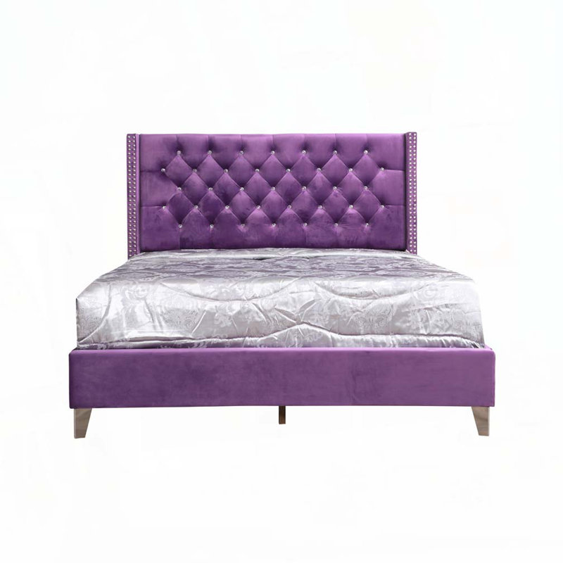 Lit rembourré en velours avec tête de lit capitonnée, Mauve, Grand lit