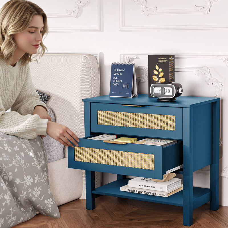 Table de chevet étroite en rotin avec 2 tiroirs et tablette de rangement Boho, Turquoise